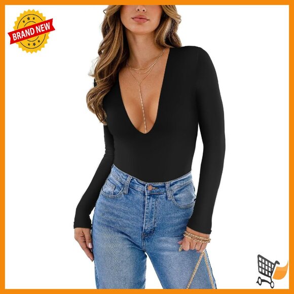 Long Sleeve Deep V Neck Bodysuit Double Lined Sexy Plunge Top